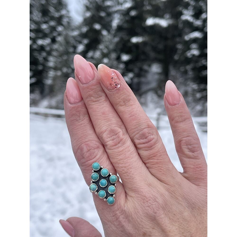 Native Style Turquoise Cluster Ring Sterling Silv… - image 2